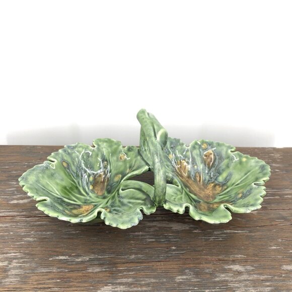 Glazed Double Cabbage Leaf Nut Candy Tidbit Dish With Handle Green Vtg - Picture 2 of 10